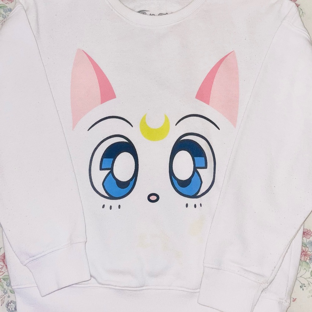 White Sweater with Pink and Blue Design